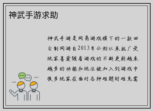神武手游求助